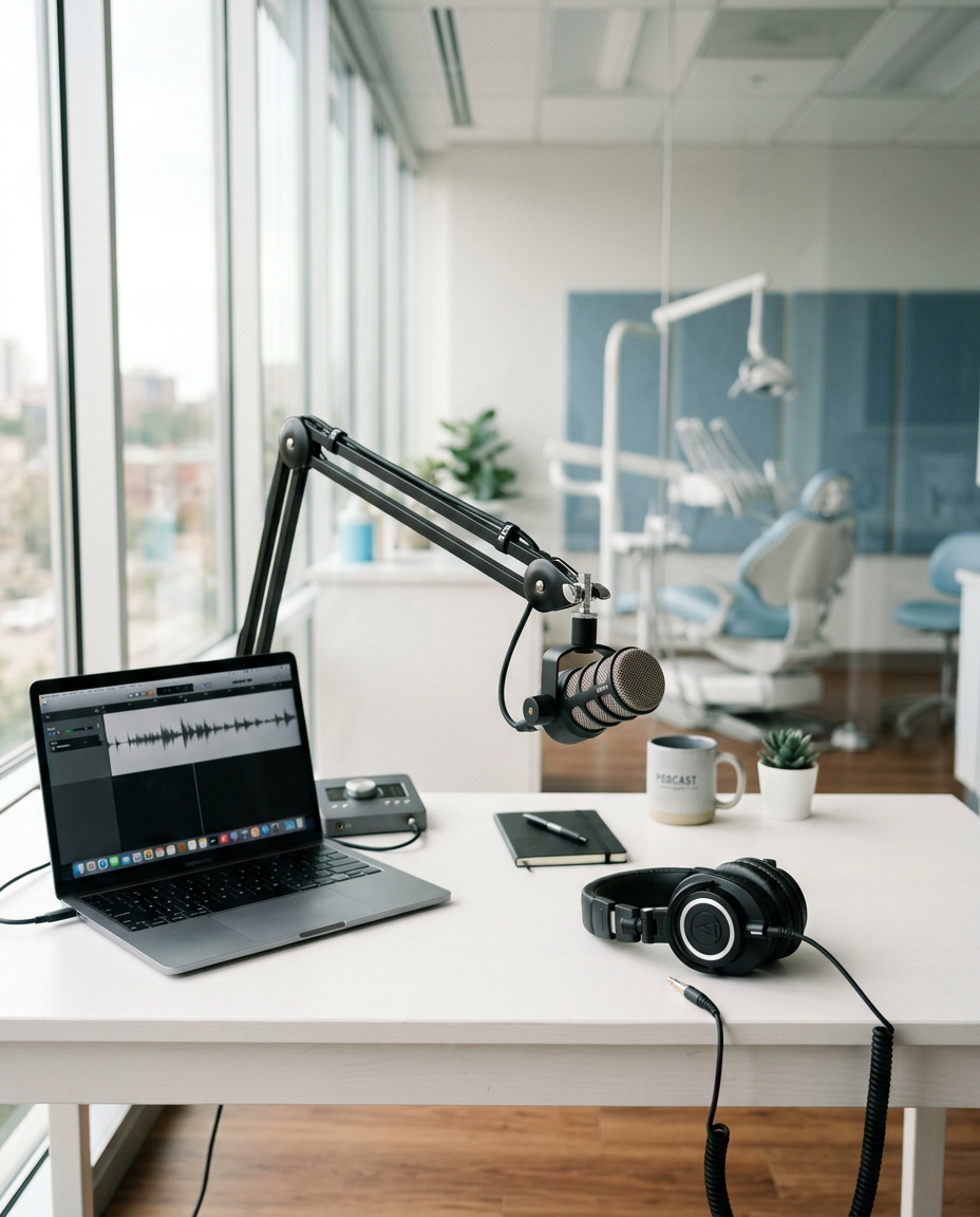Podcast microphone and headphones on a desk in a bright healthcare office